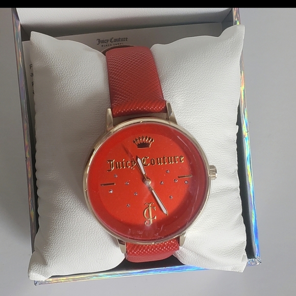 NEW NIB Juicy Couture Wrist Watch Black Label Red Goldtone Rhinestones - Picture 2 of 12